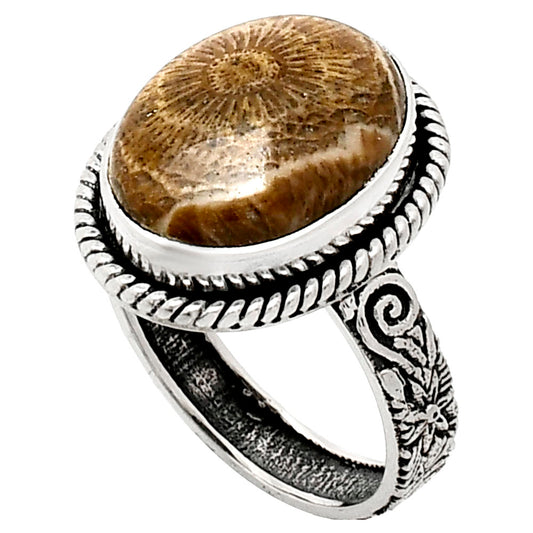 Premium Quality Flower Fossil Coral Ring size-7 R-1067 52-ER14183