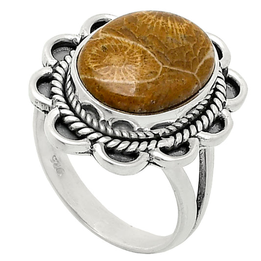 Premium Quality Flower Fossil Coral Ring size-7 R-1221 52-ER14188