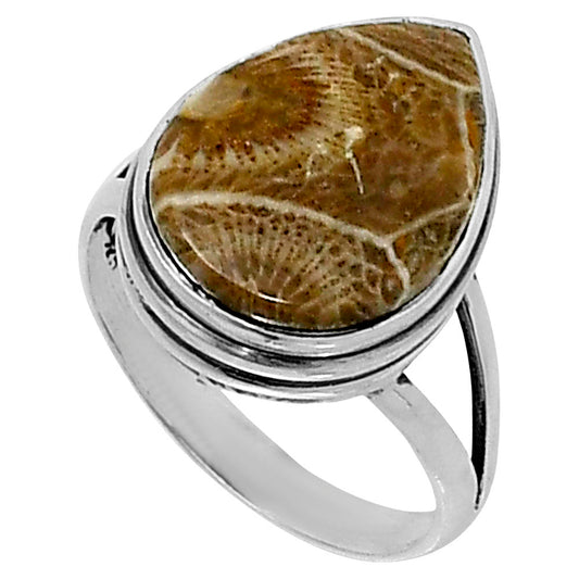 Premium Quality Flower Fossil Coral Ring size-7 R-1008 52-ER14202