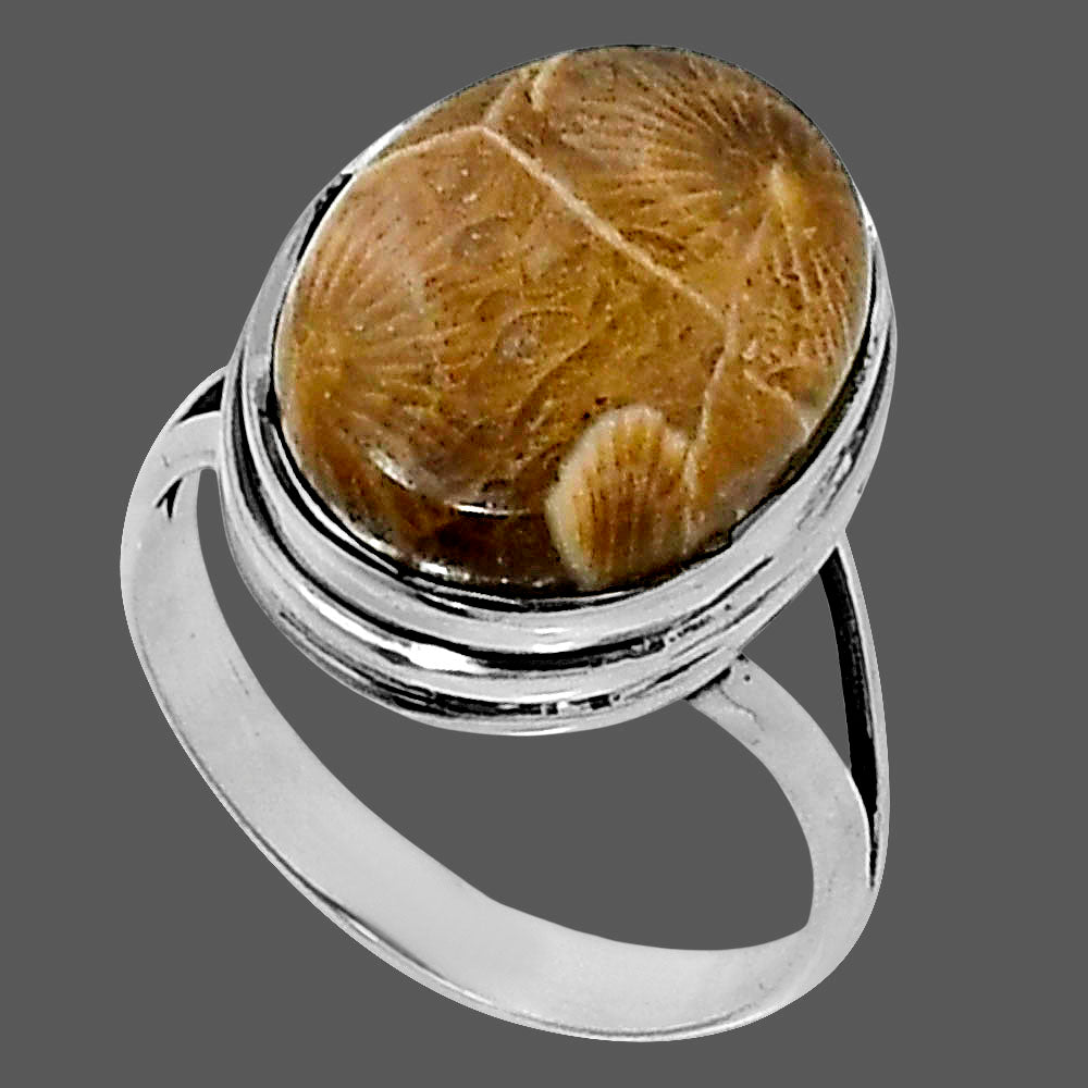 Premium Quality Flower Fossil Coral Ring size-7 R-1008 52-ER14204