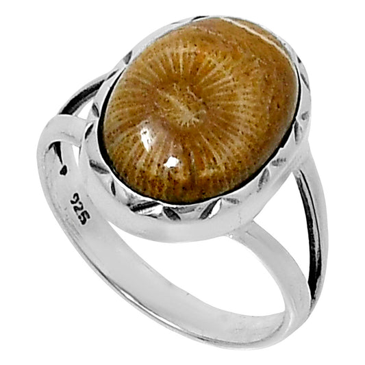 Premium Quality Flower Fossil Coral Ring size-7 R-1074 52-ER14229