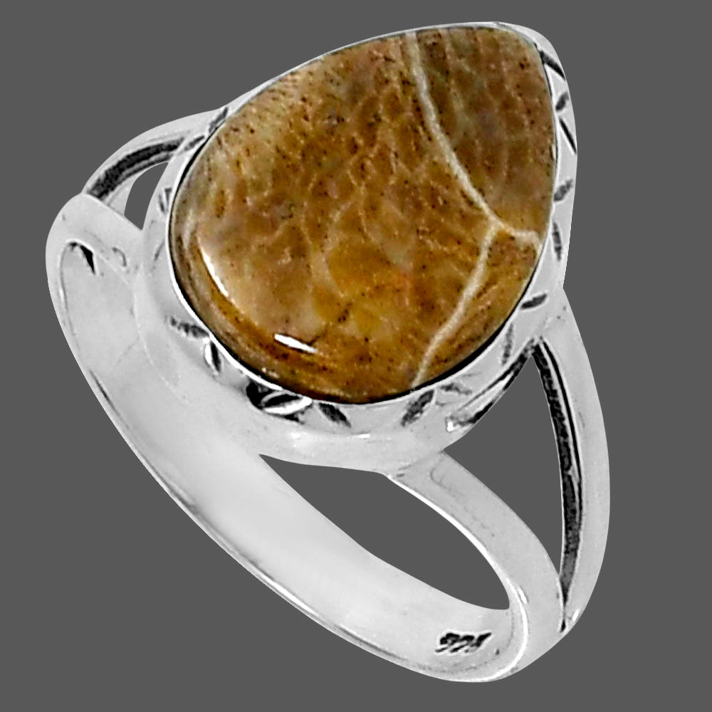 Premium Quality Flower Fossil Coral Ring size-7 R-1074 52-ER14230