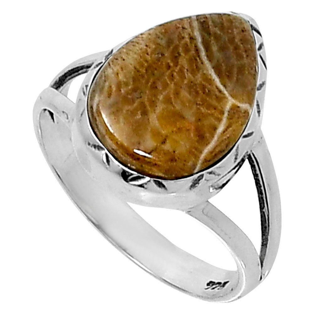 Premium Quality Flower Fossil Coral Ring size-7 R-1074 52-ER14230