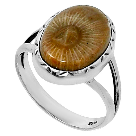 Premium Quality Flower Fossil Coral Ring size-7 R-1074 52-ER14232