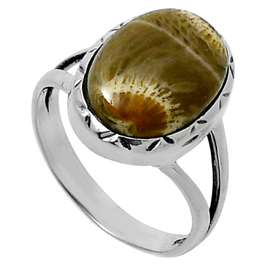 Premium Quality Flower Fossil Coral Ring size-7 R-1074 52-ER14235