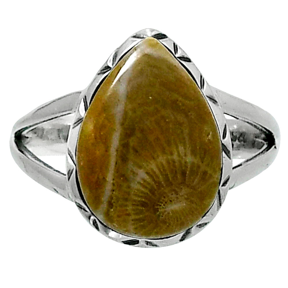 Premium Quality Flower Fossil Coral Ring size-7 R-1074 52-ER14236
