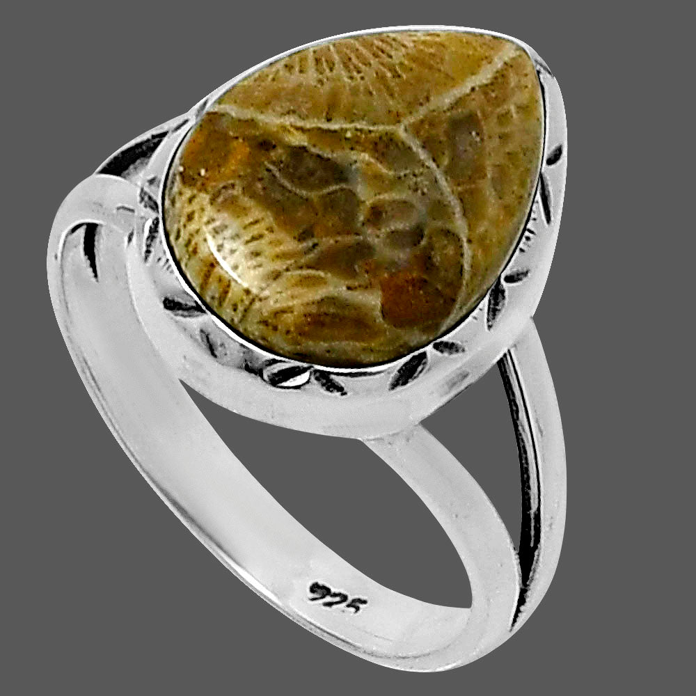 Premium Quality Flower Fossil Coral Ring size-7 R-1074 52-ER14238