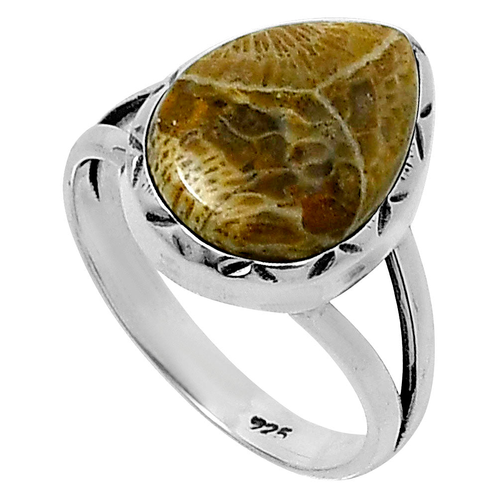Premium Quality Flower Fossil Coral Ring size-7 R-1074 52-ER14238