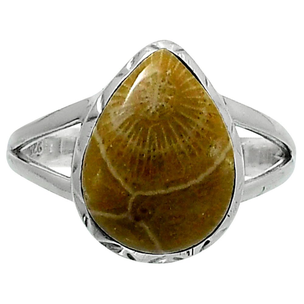 Premium Quality Flower Fossil Coral Ring size-8 R-1074 52-ER14242