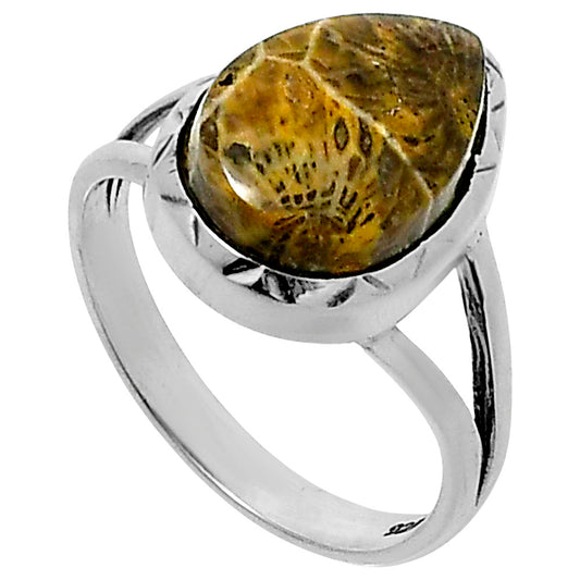 Premium Quality Flower Fossil Coral Ring size-8 R-1074 52-ER14244