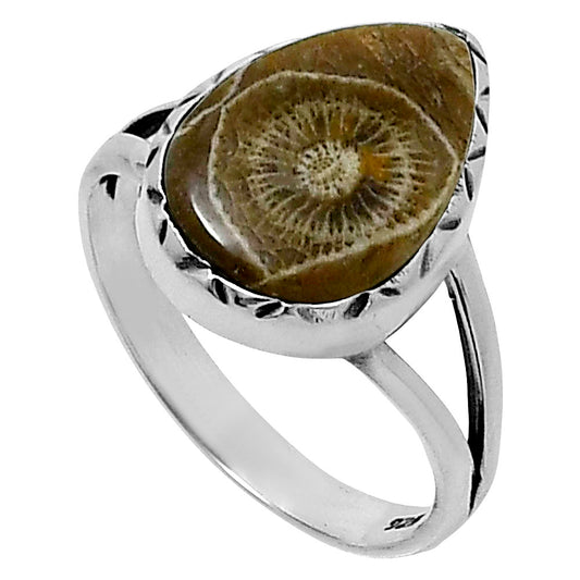 Premium Quality Flower Fossil Coral Ring size-8 R-1074 52-ER14250