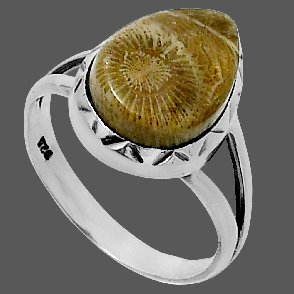 Premium Quality Flower Fossil Coral Ring size-8 R-1074 52-ER14252