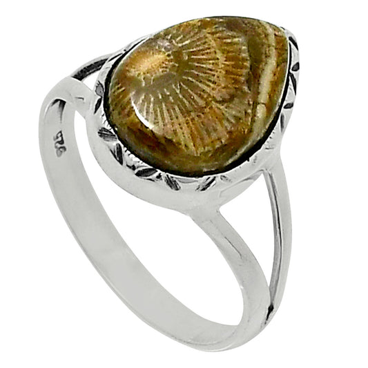 Premium Quality Flower Fossil Coral Ring size-9 R-1074 52-ER14259