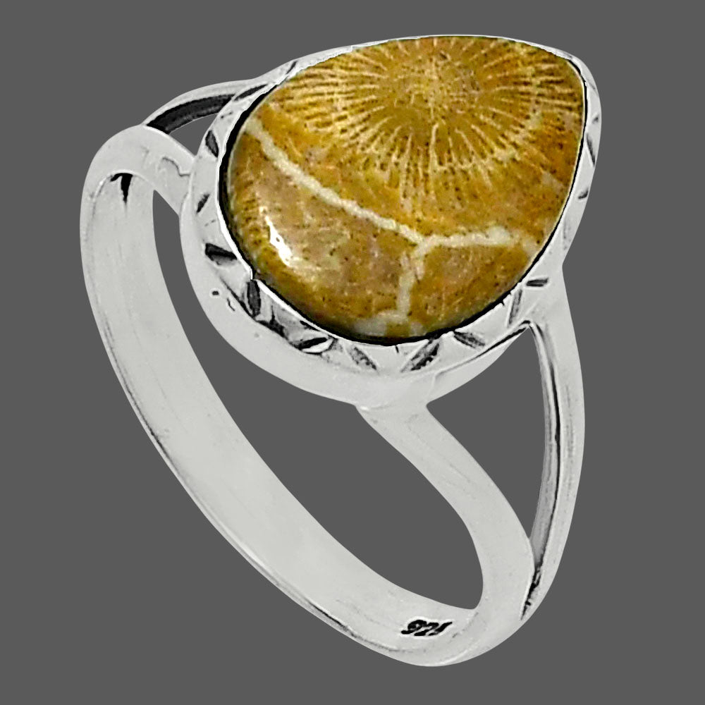 Premium Quality Flower Fossil Coral Ring size-9 R-1074 52-ER14261