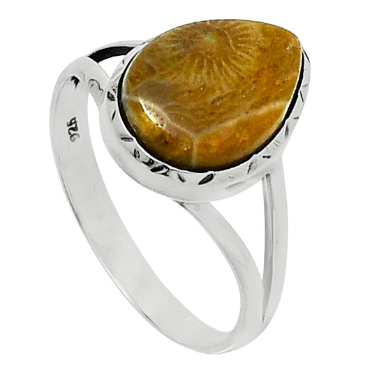 Premium Quality Flower Fossil Coral Ring size-10 R-1074 52-ER14277