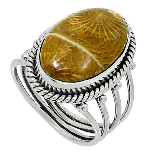 Premium Quality Flower Fossil Coral Ring size-7 R-1010 52-ER14307