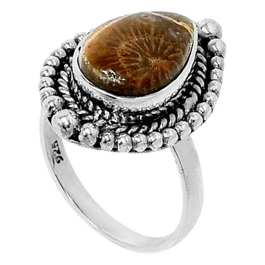 Premium Quality Flower Fossil Coral Ring size-5 R-1154 52-ER14315