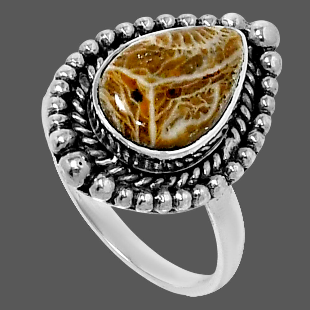Premium Quality Flower Fossil Coral Ring size-7 R-1154 52-ER14317