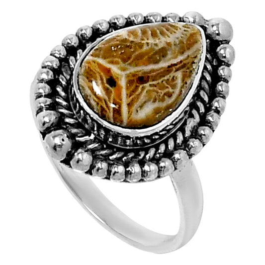 Premium Quality Flower Fossil Coral Ring size-7 R-1154 52-ER14317
