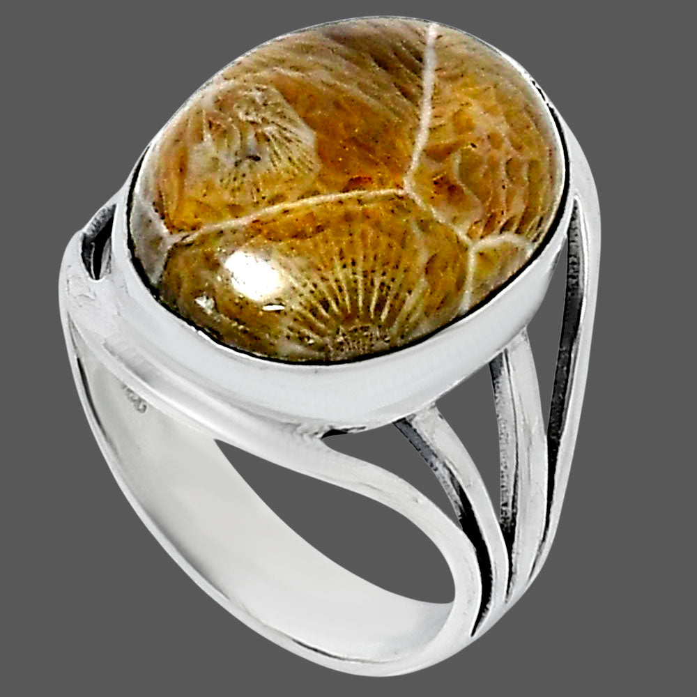 Premium Quality Flower Fossil Coral Ring size-10 R-1219 52-ER14337