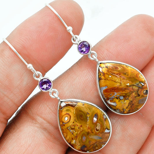 Premium Red Palm Root Agate & Amethyst Pendant Earrings Set T-1010 57-ET10133