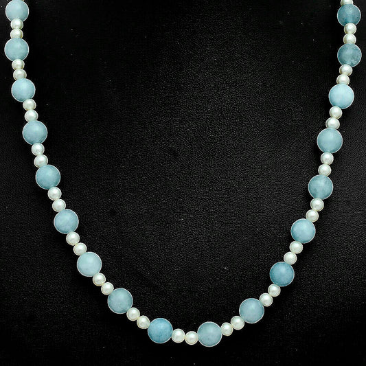 Premium Quality Aquamarine - Brazil & Pearl Beaded Necklace N-1025 58-EN10188