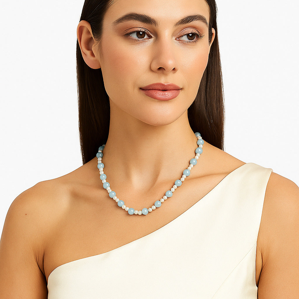 Premium Quality Aquamarine - Brazil & Pearl Beaded Necklace N-1025 58-EN10188