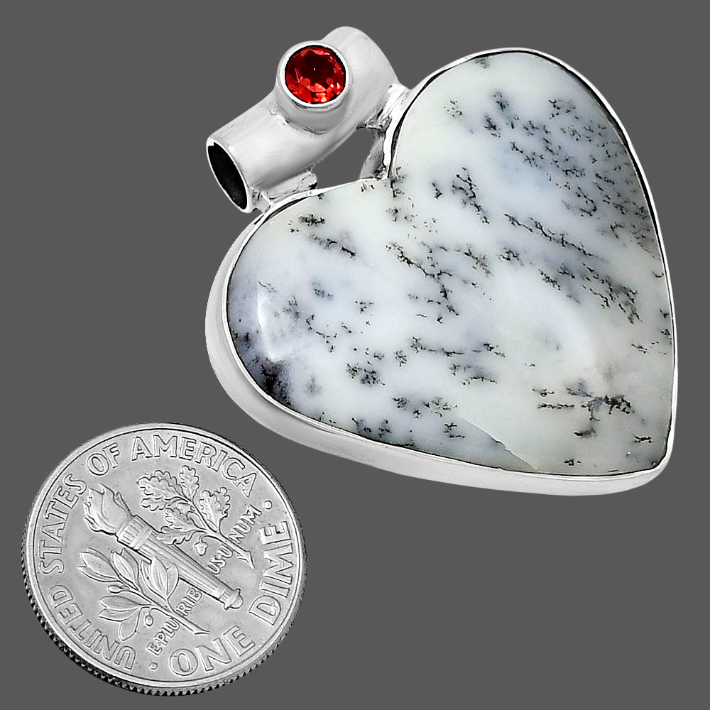 Premium Heart Merlinite Dendritic Opal & Garnet Pendant P-1300 58-EP10824