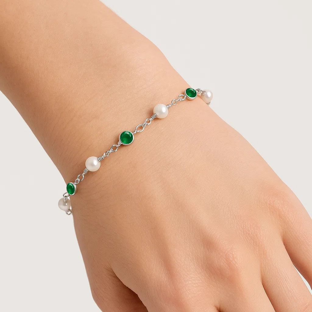 Minimalist Pearl & Gemstone 925 Sterling Silver Chain Bracelet for Women AGB1001 B-1048