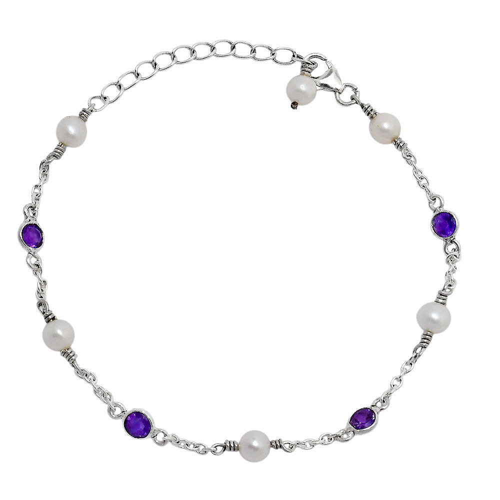 Minimalist Pearl & Gemstone 925 Sterling Silver Chain Bracelet for Women AGB1001 B-1048