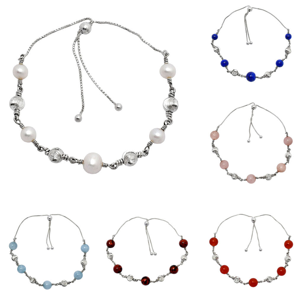 Adjustable 925 Silver Pearl & Gemstone Beaded Bracelet Jewelry for Women AGB1003 B-1024