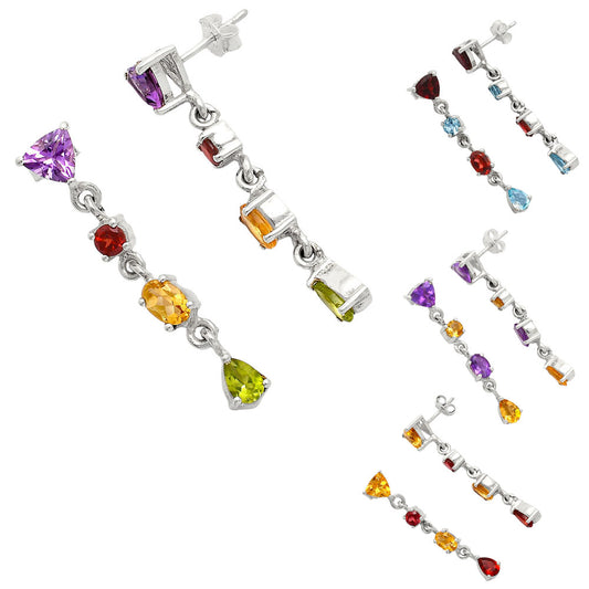 Handcrafted 925 Silver Multi-Gemstone Linear Drop Earrings for Women AGE1013 E-1061