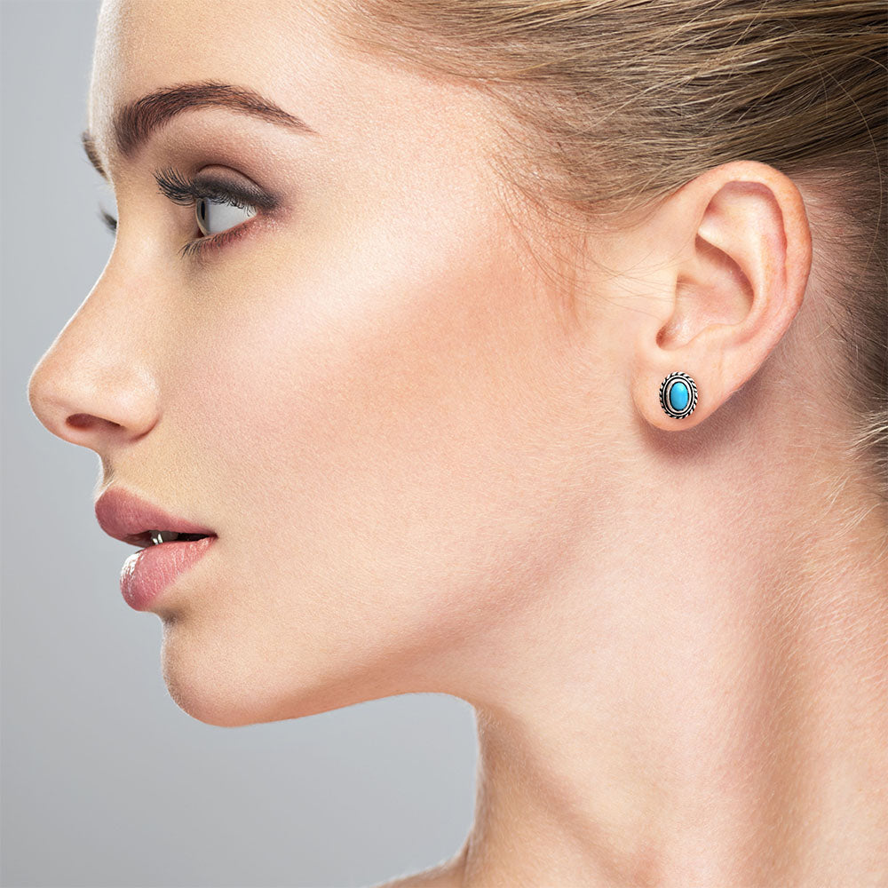 925 Silver Textured Oval Gemstone Vintage Stud Earrings for Women AGE1016 E-1245