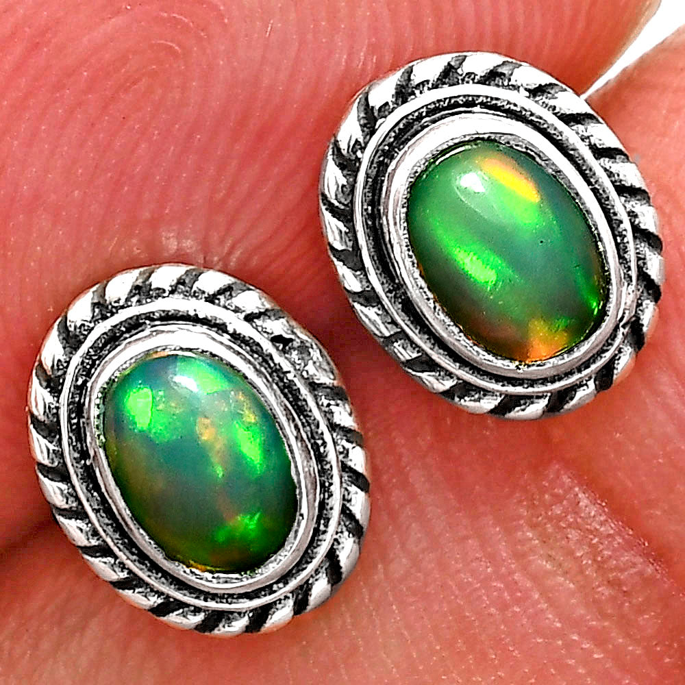 925 Silver Textured Oval Gemstone Vintage Stud Earrings for Women AGE1016 E-1245