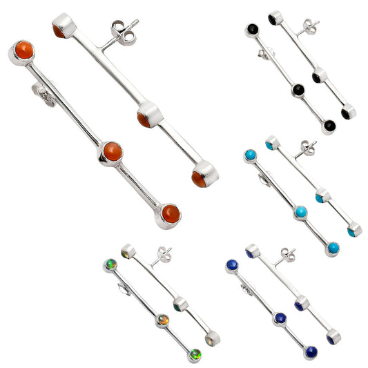 Modern Contemporary Silver Bar Stud Earrings with Natural Gemstone AGE1017 E-1255