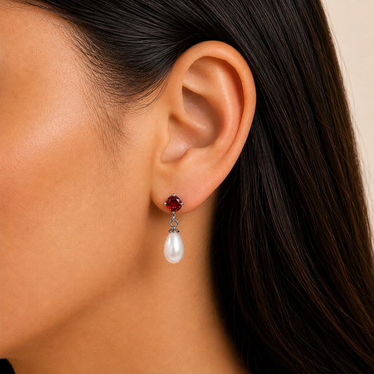 Handcrafted 925 Silver Pearl Drop Earrings with Natural Cut Gemstone AGE1022 E-1062