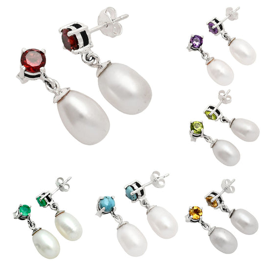 Handcrafted 925 Silver Pearl Drop Earrings with Natural Cut Gemstone AGE1018 E-1062