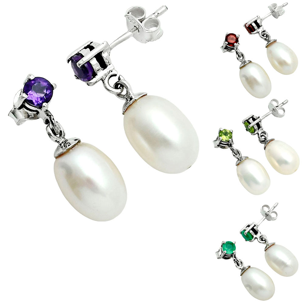 Handcrafted 925 Silver Pearl Drop Earrings with Natural Cut Gemstone AGE1022 E-1062