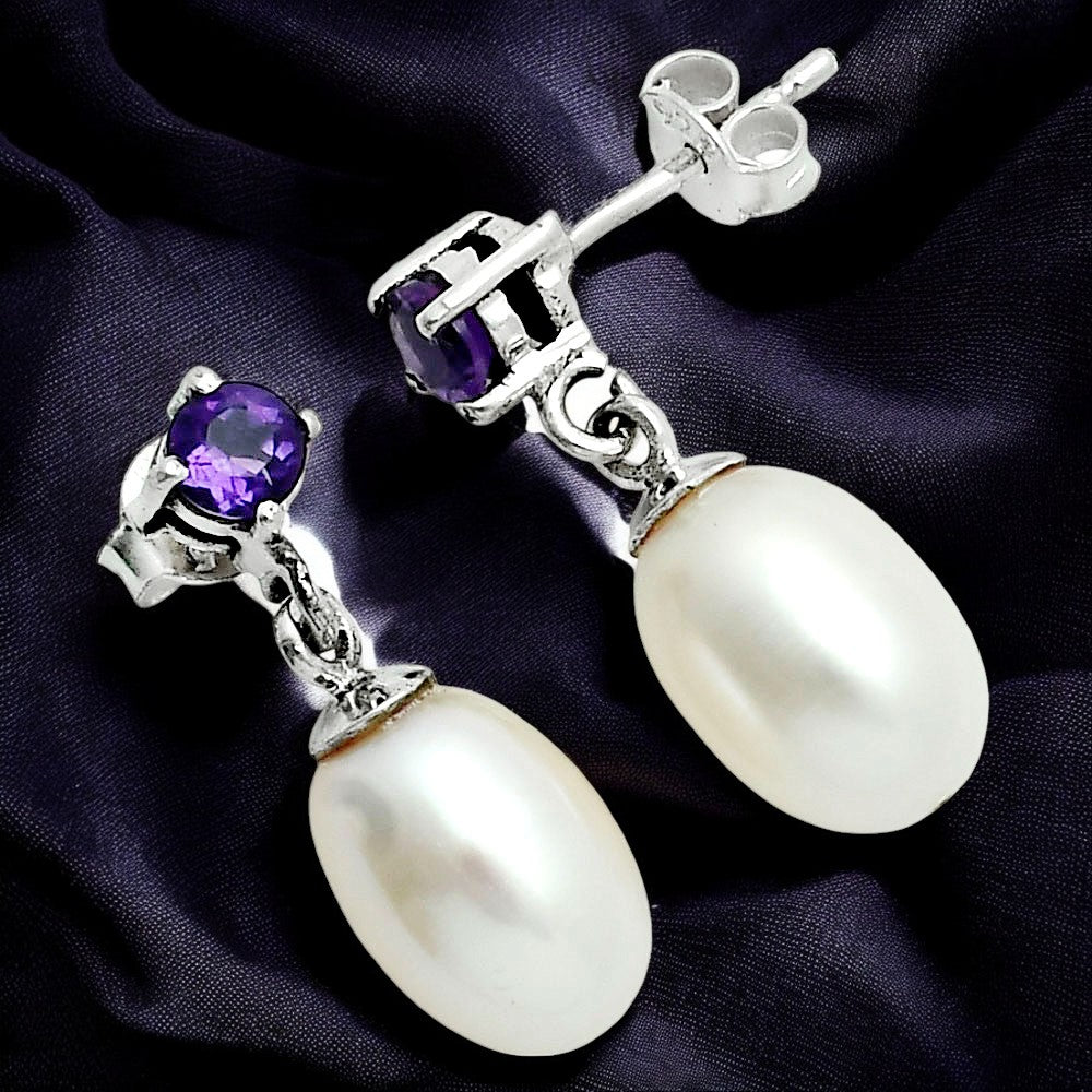 Handcrafted 925 Silver Pearl Drop Earrings with Natural Cut Gemstone AGE1022 E-1062