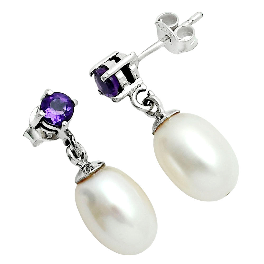 Handcrafted 925 Silver Pearl Drop Earrings with Natural Cut Gemstone AGE1022 E-1062