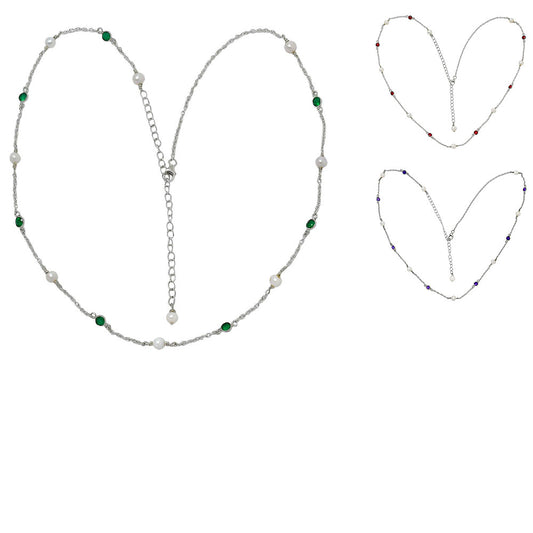 Handcrafted Silver Dainty Pearl Gemstone Chain Necklace for Women AGN1001 N-1029