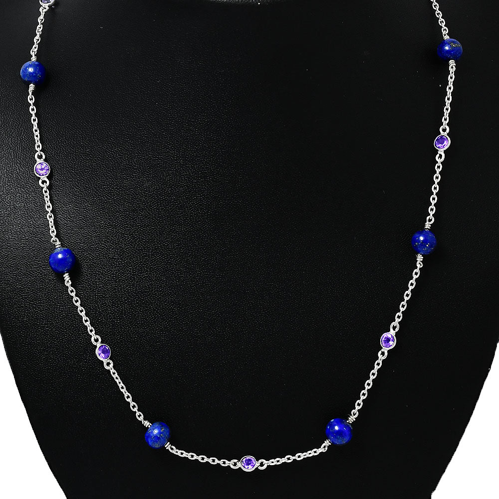 925 Silver Handcrafted Silver Lapis Lazuli Beaded Necklace for Women AGN1002 N-1029