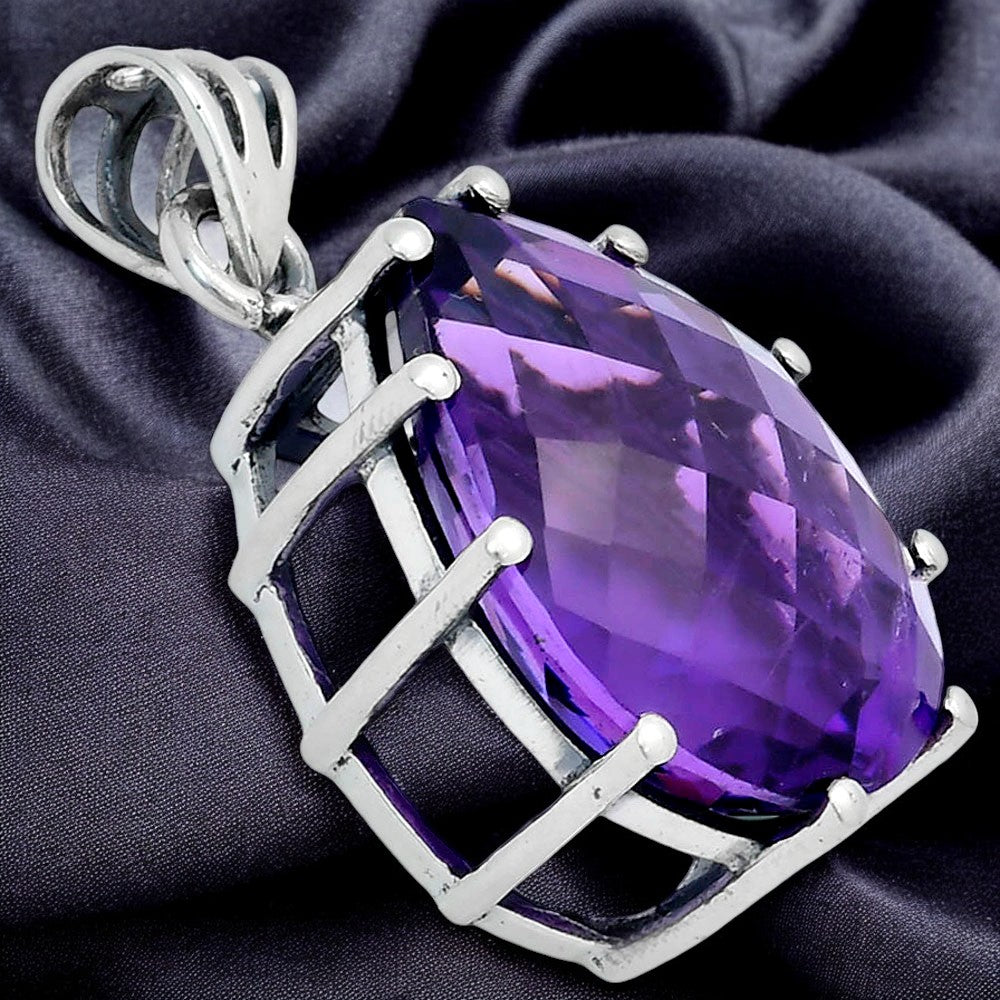 Faceted Natural Amethyst Teardrop Pendant 925 Sterling Silver Jewelry AGP1007 P-1739