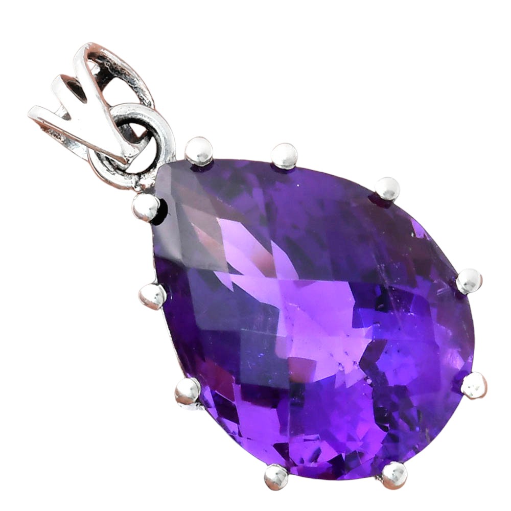 Faceted Natural Amethyst Teardrop Pendant 925 Sterling Silver Jewelry AGP1007 P-1739