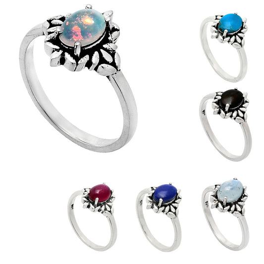 925 Sterling Silver Flower Ring with Gemstone - Vintage Boho Jewelry AGR1013 R-1721