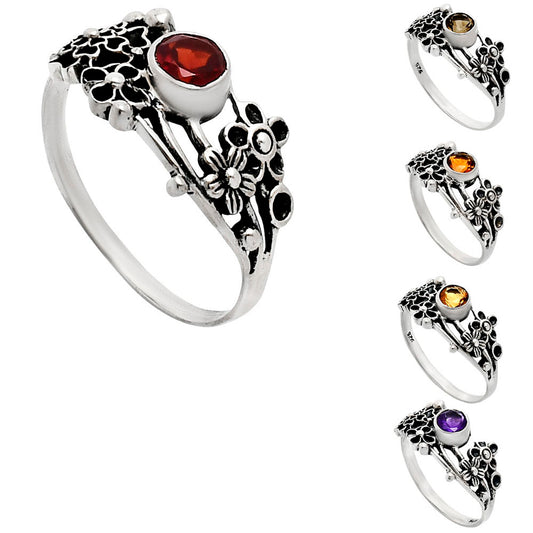 925 Sterling Silver Floral Ring with Natural Gemstone Boho Vintage Style AGR1014 R-1041