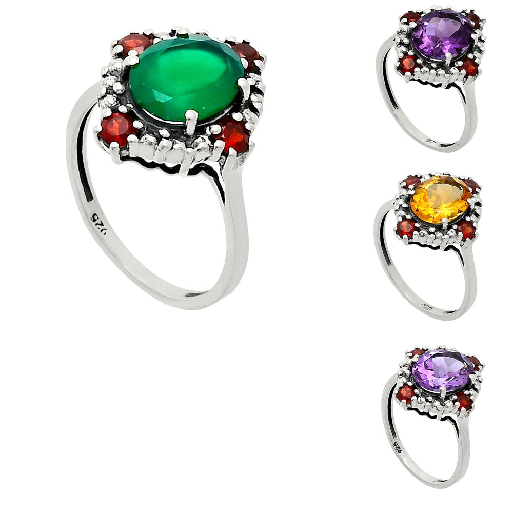 925 Sterling Silver Gemstone Ring with Garnet Accents Vintage Style AGR1016 R-1017