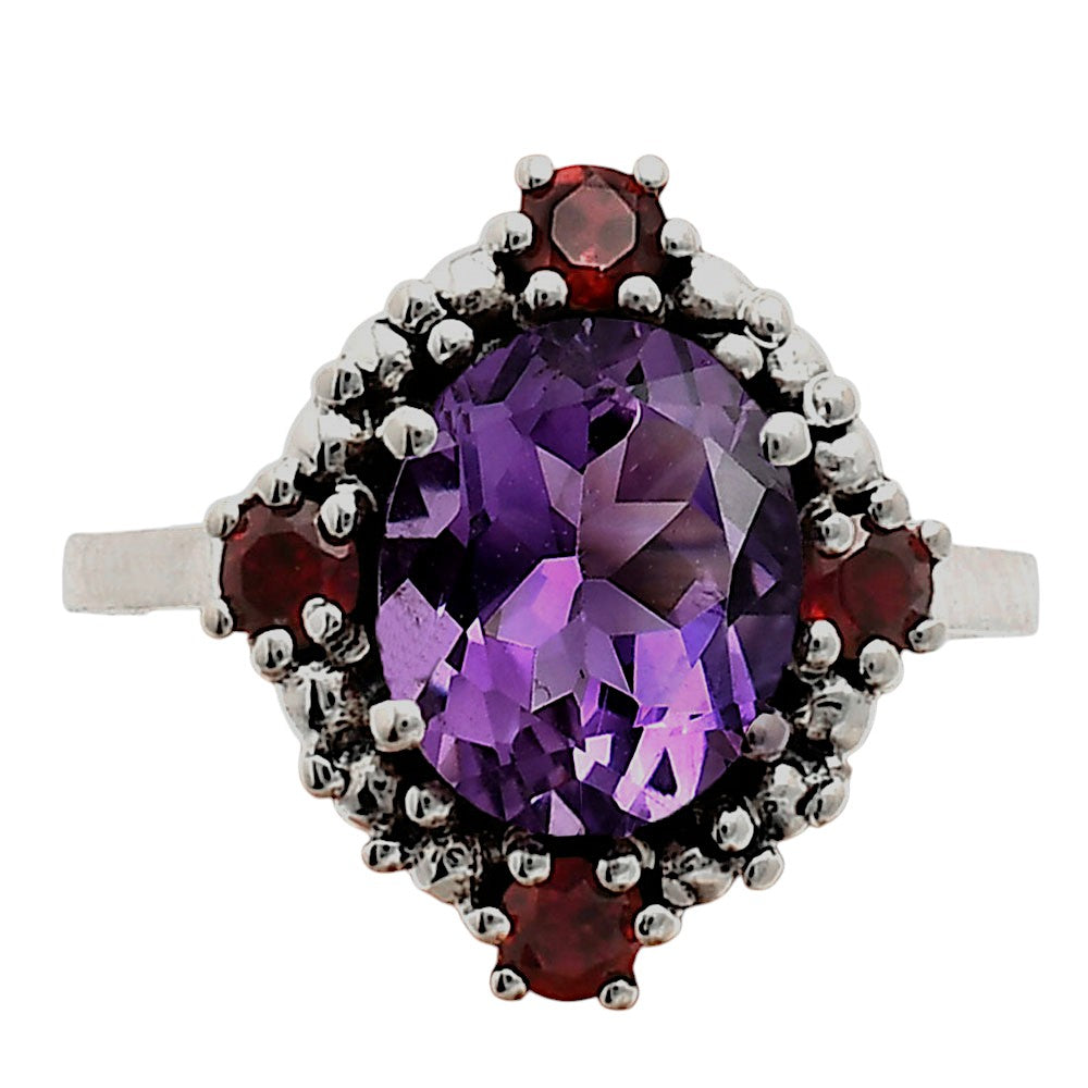 925 Sterling Silver Gemstone Ring with Garnet Accents Vintage Style AGR1016 R-1017
