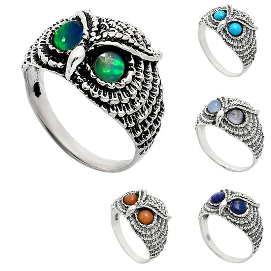 Unique Owl Face Ring in 925 Silver with Gemstone Eyes | Boho Style AGR1021 R-1022