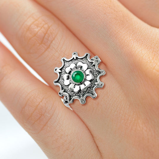 Vintage Floral Center Round Gemstone Ring 925 Sterling Silver Handmade AGR1031 R-1737